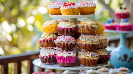 Wall Mural - Photo showing a cake stand of freshly baked in paper cake cases