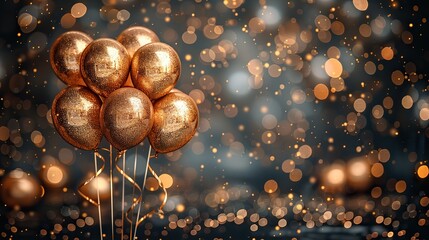 A festive backdrop adorned with golden balloons and ribbons. - Event decoration background