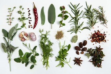 Wall Mural - Top view of spices and herbs isolated against a backdrop. Generative Ai