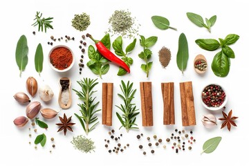 Wall Mural - Top view of spices and herbs isolated against a backdrop. Generative Ai