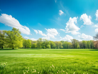 Wall Mural - beautiful blurred background image of spring nature with a neatly trimmed lawn surrounded by trees a