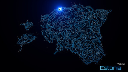 Estonia, with its capital city of Tallinn, is represented as a microchip with a central processing unit. A technological representation of the country's outline. Black background.