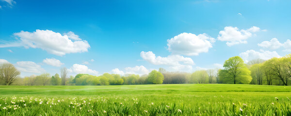 Wall Mural - beautiful blurred background image of spring nature with a neatly trimmed lawn surrounded by trees a