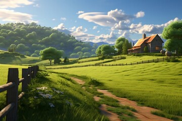 Wall Mural - Beautiful summer landscape with village and mountains