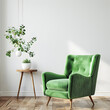 © Village - Modern wooden living , Living room interior has an green armchair on empty dark green wall background, room, Light room with sofa and armchair on empty dark green wall background,