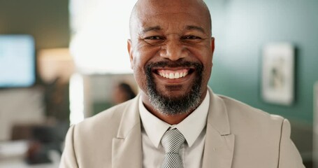 Poster - African, businessman and happy face in office, mature boss or positive vision with smile or laugh for job mindset. Portrait, company and proud of work mission, confident or leader in corporate agency