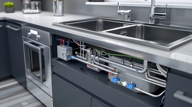 Innovative Ultrasonic System Design: Detailed illustration of an ultrasonic system installed beneath a modern stainless steel sink, showcasing key components and wiring