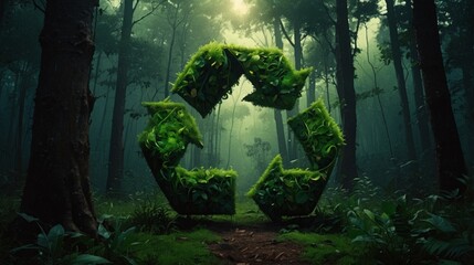 Ecological call to recycle and reuse, recycling symbol, green jungle forest, zero-emission abstract concept. 3d rendering
