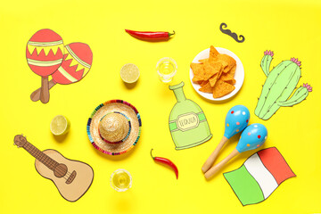 Poster - Mexican maracas with sombrero, tequila and nachos on yellow background. Cinco de Mayo