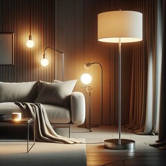 Wall Mural - Floor lamp on a night living room. 3D render. 3D illustration. Generative AI