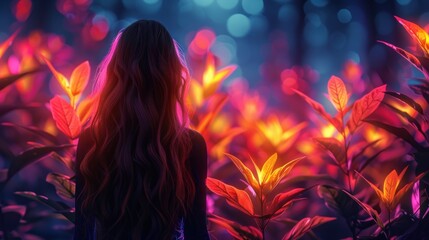 Wall Mural - woman among neon plants