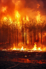 Poster - Wildfire raging through a forest, demonstrating the devastating effects of natural disasters. For educational, environmental awareness, and disaster preparedness materials.