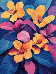 Wall Mural - neon leaves and flowers