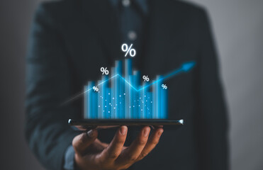 Poster - Businessman holding growth graph with percent symbol for increase in interest rates and dividends, return on stocks and mutual funds, long term Investments for retirement