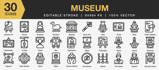 Set of 30 Museum icon set. Editable Stroke Icon Collection. Includes picture, barrier, tour guid, moai, papyrus and More. Outline icons vector collection.