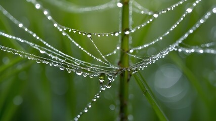 Nature's Macro Shots of Dew Drops on Spider Webs Drops of Morning Dew on Grass and Cobwebs, Water Drops on Spiderwebs in Close-Up Dew Patterns in Abstraction on Spider Nets and Green Insects