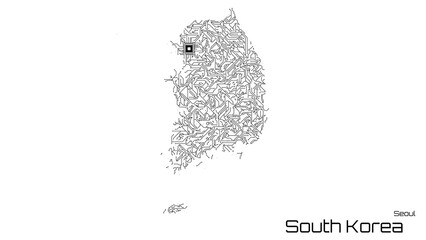 Canvas Print - South Korea, with its capital city of Seoul, is represented as a microchip with a central processing unit. A technological representation of the country's outline. White background.