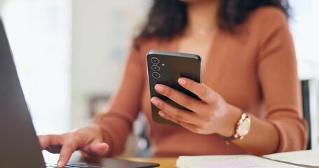 Aufkleber - Hands, phone and typing on laptop in office for research, project or business woman writing email in creative startup. Keyboard, desk and closeup of professional on mobile or writer on app online