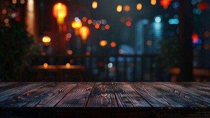 Canvas Print - Empty dark wooden table in front of abstract blurred
