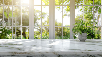 Wall Mural - Empty white marble stone table top and blurred