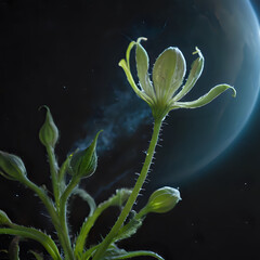 a plant with a flower in front of a blue moon