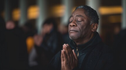 Wall Mural - Homem negro de meia idade orando em um grupo de oração na igreja