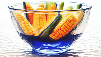 Wall Mural - Double Exposure, White Background, Corn in a Blue Bowl illustration ~ Created using Generative AI