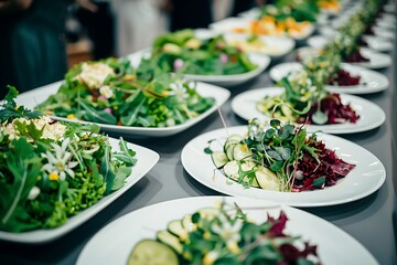 a banquet table lined with perfectly plated salads, garnished and ready to serve