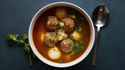 Wall Mural - stew of meatballs with vegetables and herbs food concept bowl meal