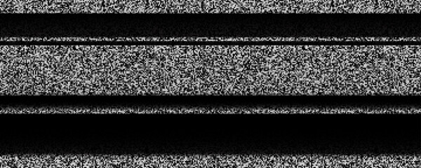 Poster - TV static noise texture. VHS video signal with black stripes, interferences or glitches. Glitched white noise background. Pixelated television screen backdrop grain for poster, banner. Vector