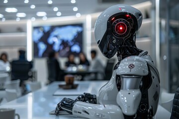 Poster - An innovative workspace featuring advanced AI-driven tools and collaborative robots representing the digital transformation in modern offices