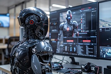 Poster - An innovative workspace featuring advanced AI-driven tools and collaborative robots representing the digital transformation in modern offices