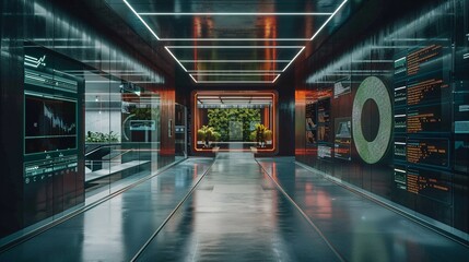 Poster - a futuristic office environment showcasing a blend of cutting-edge digital technologies and sleek mo