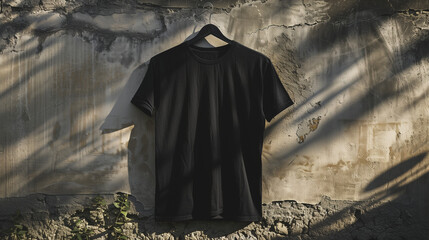 mock up plain black t-shirt hanging on a cement wall, Ai Generated Images