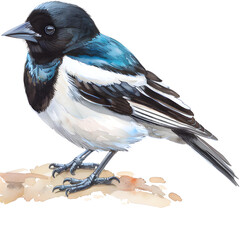 Magpieon a white background watercolor hand drawing