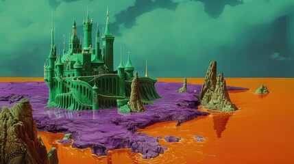 Canvas Print - A vibrant scene with an emerald green castle on a purple island and deep orange waters.