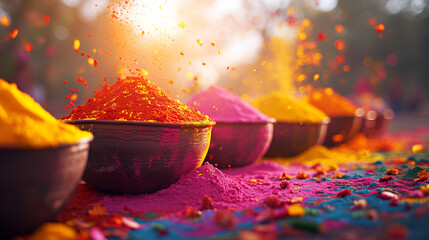 Wall Mural - Colorful powder being thrown into bowls, creating a vibrant mix of hues.