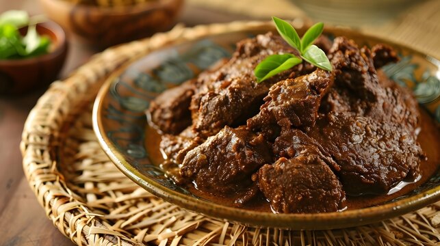 
traditions behind rendang, a famous Indonesian beef dish. Describe the cooking process, spices, and unique flavors