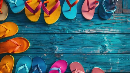 Wall Mural - A colorful array of flip flops displayed on a rustic wooden table. The electric blue and magenta hues create an eyecatching pattern, perfect for a summer event snapshot AIG50