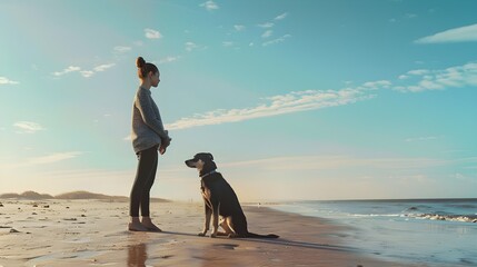 Poster - Young woman with dog at beach