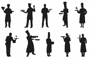 Set of chef, waiter and waitress silhouette. Restaurant staff collection silhouette. 