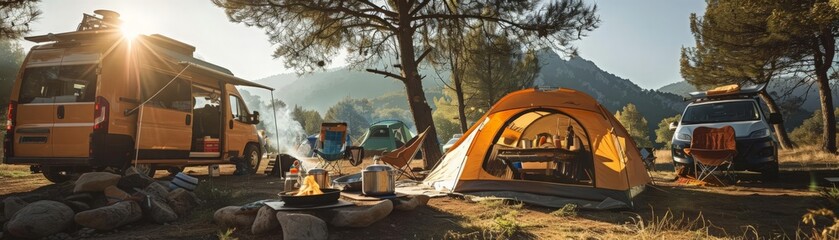 camping cooking scene, sunny day, tent and camper van visible, no humans