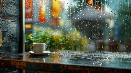 Rain on the window of a modern cafe and coffee on the table