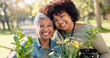 © peopleimages.com - Volunteer, team and portrait of women with plants at park for gardening, earth day or sustainability in nature. Smile, people and flowers for community service, environment and conservation charity