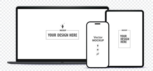 Poster - Laptop Computer, Tablet PC and Mobile Phone Mockup. Digital devices screen vector illustration  template with transparent background.