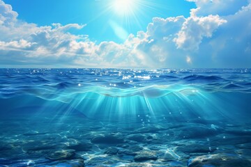 Sticker - Blue ocean background with sunlight and undersea scene, beautiful blue ocean background with sunlight and undersea, AI-generated