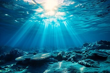 Blue ocean background with sunlight and undersea scene, beautiful blue ocean background with sunlight and undersea, AI-generated