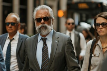 Wall Mural - Mature businessman walking in the street in the city. Portrait of a bearded man in sunglasses.