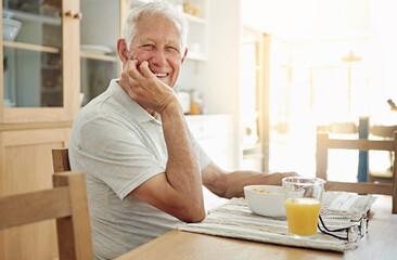 Poster - Senior, man and happy with portrait at breakfast in dining room for nutrition. healthy meal and retirement. Elderly, person and smile in home with porridge, relax and morning routine in apartment