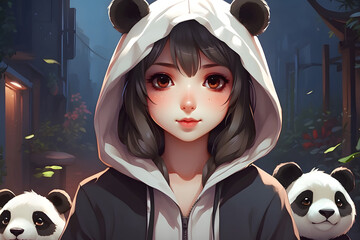 Wall Mural - A girl wearing a panda hoodie stands in front of a cityscape